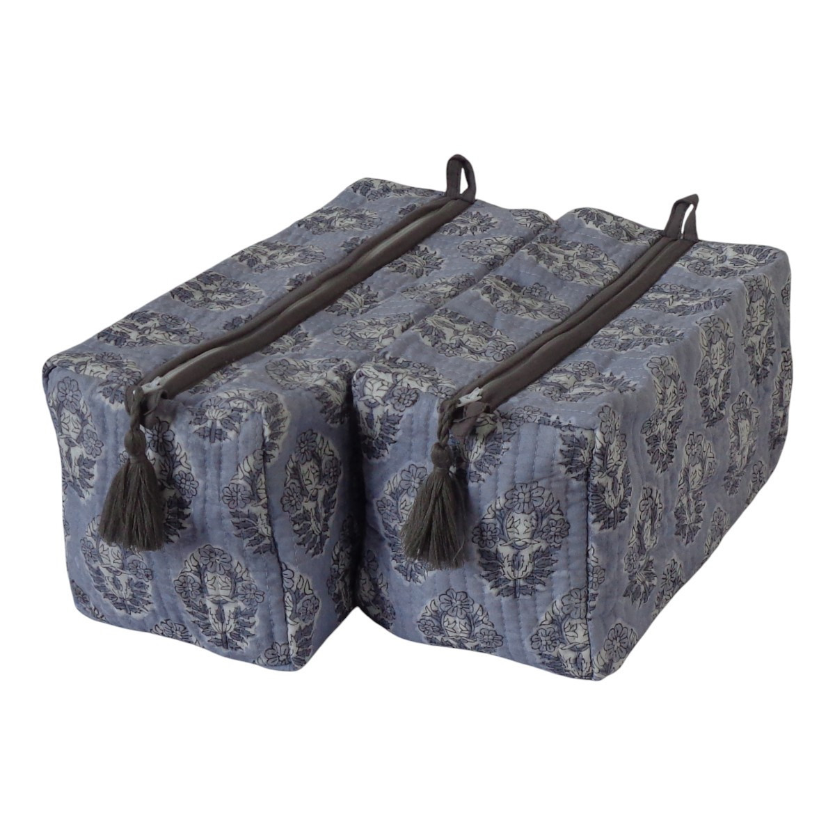 Hand Block Printed Cotton Quilted Cosmetic Bag (Set of 2) | Boota Grey Gud 207972