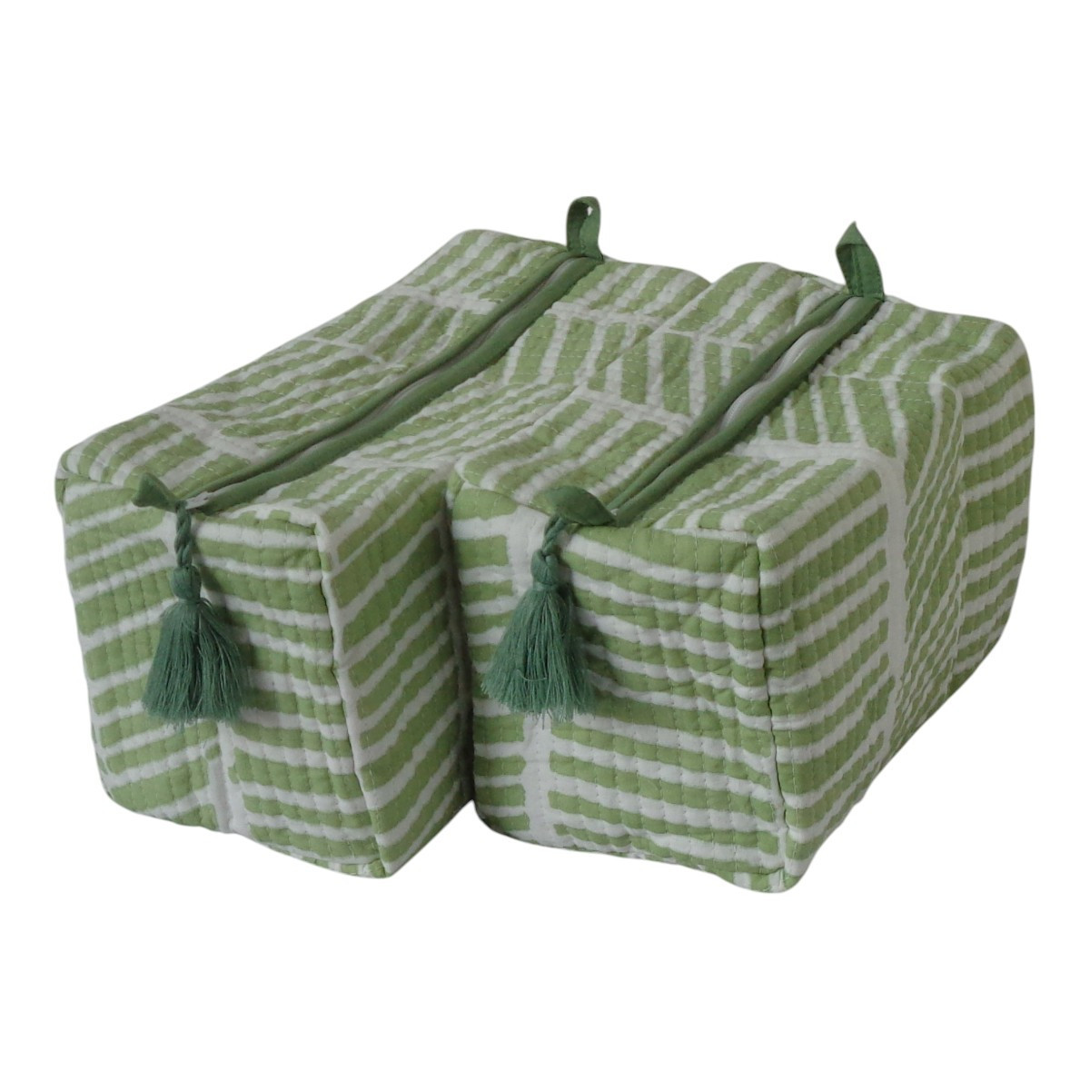 Hand Block Printed Cotton Quilted Cosmetic Bag (Set of 2) | Herringbone Palace Blue 206850