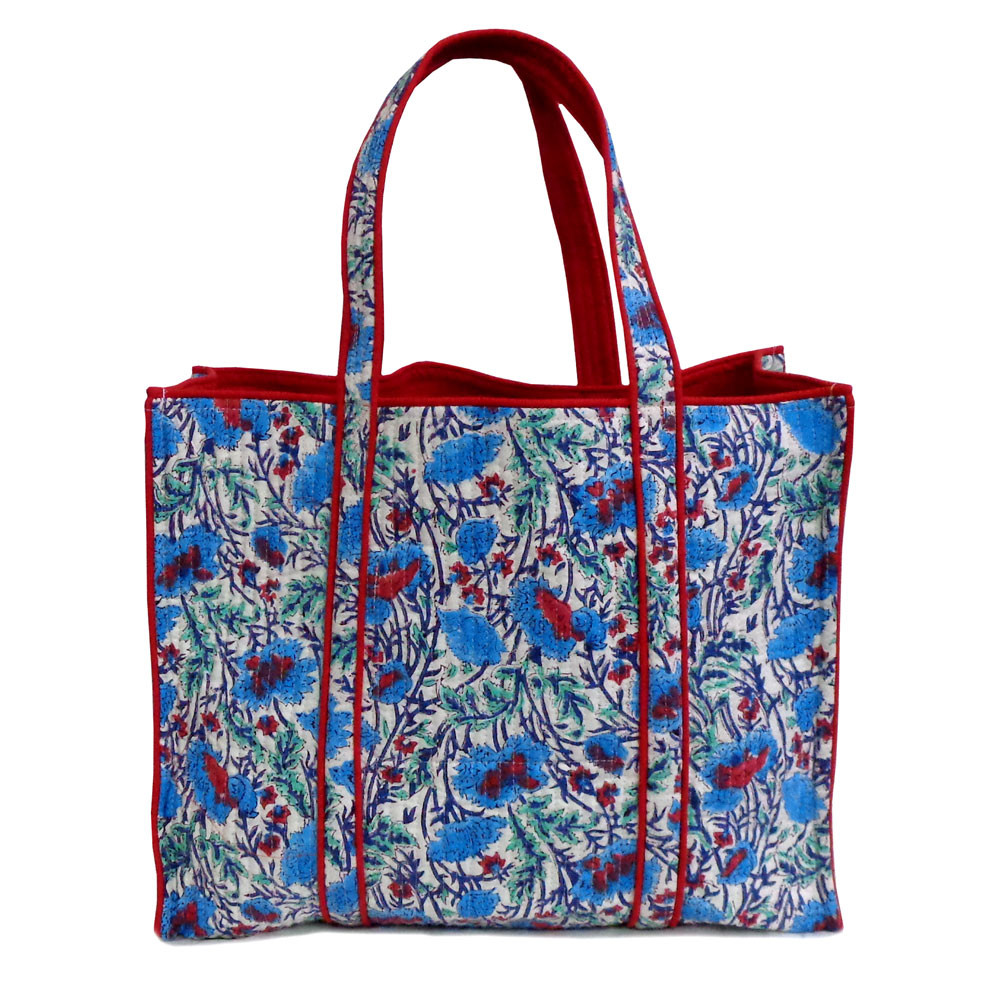 Hand Block Printed Cotton Quilted Tote Bag | Bush Flower Blue Open 105380