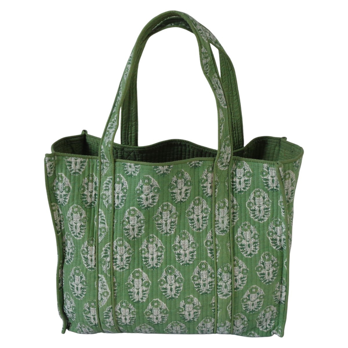 Hand Block Printed Cotton Quilted Tote Bag | Boota Celadon Green Gud 100673
