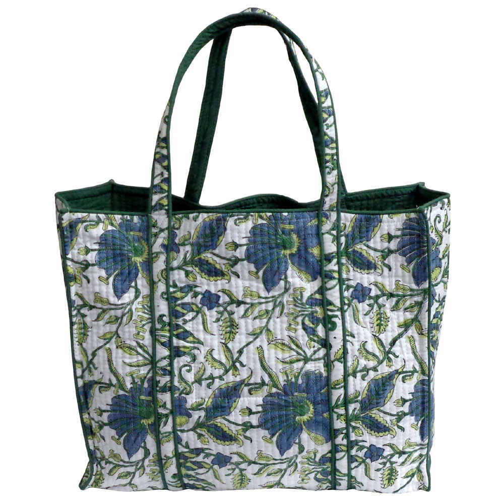 Hand Block Printed Cotton Quilted Tote Bag | Olive Flower Open 602178