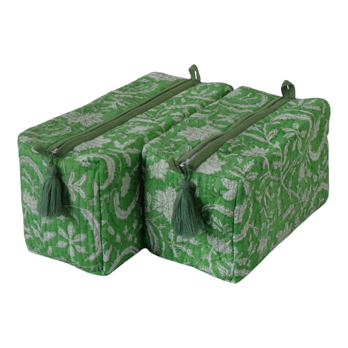 Hand Block Printed Cotton Quilted Cosmetic Bag (Set of 2) | Floral Green 701949