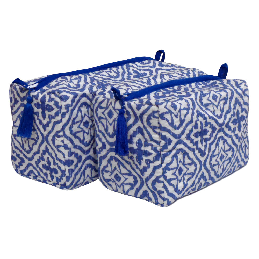 Hand Block Printed Cotton Quilted Cosmetic Bag (Set of 2) | Cross Flower Blue 302287