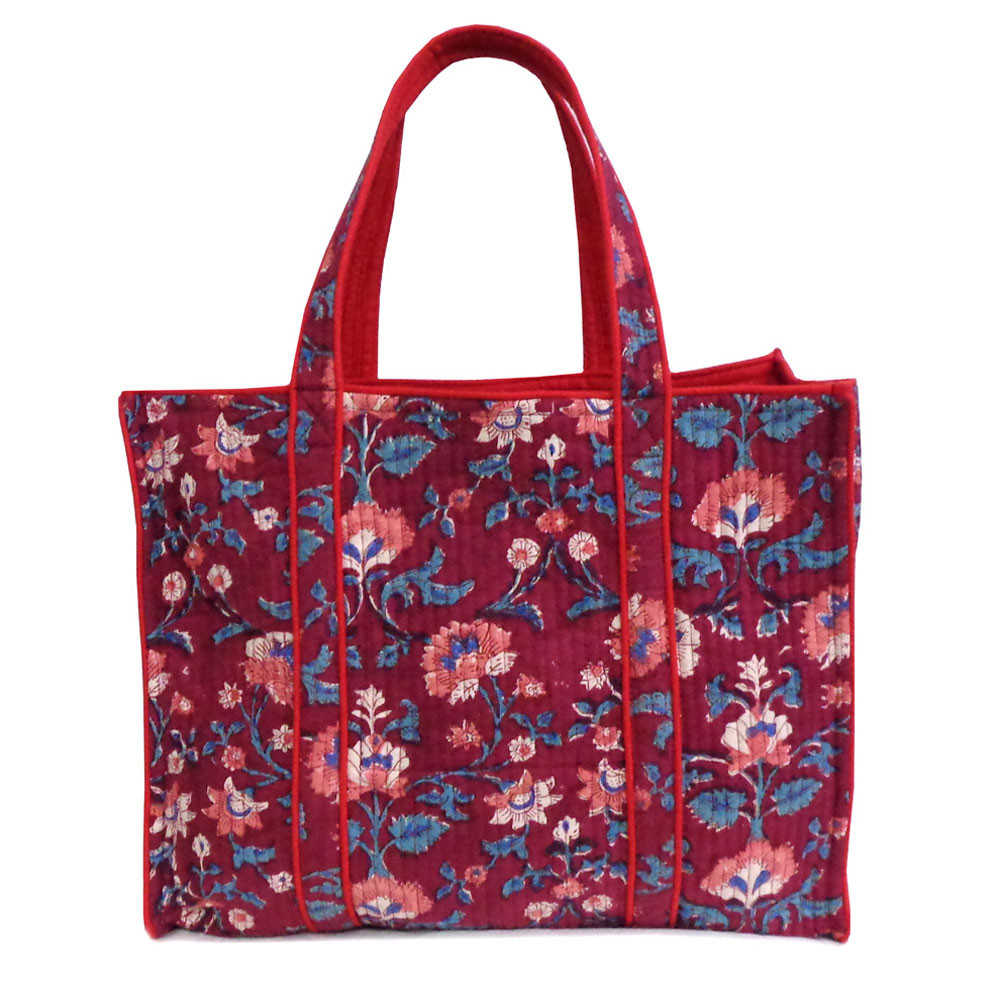 Hand Block Printed Cotton Quilted Tote Bag | Rukhsana Maroon Gud 105823