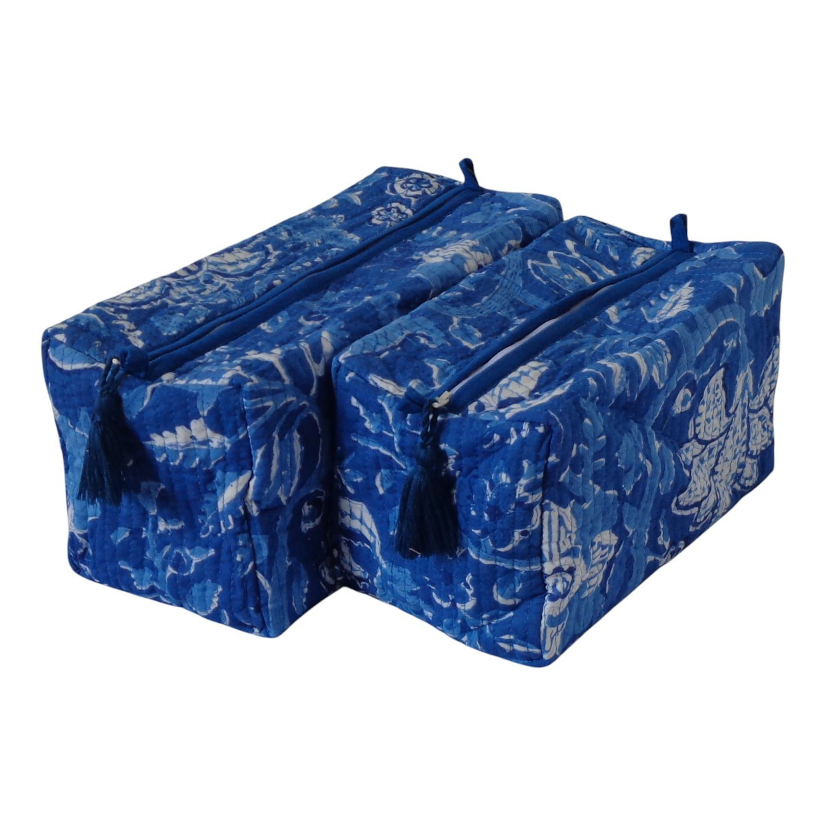Hand Block Printed Cotton Quilted Cosmetic Bag (Set of 2) | Anarkali Blue Gud 106797