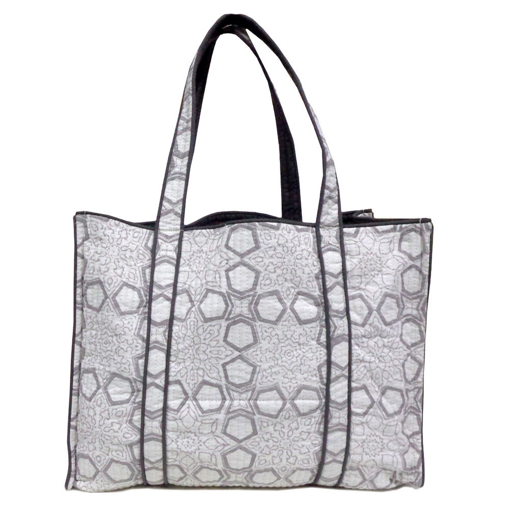 Hand Block Printed Cotton Quilted Tote Bag |  Geo Chokri Grey 206186