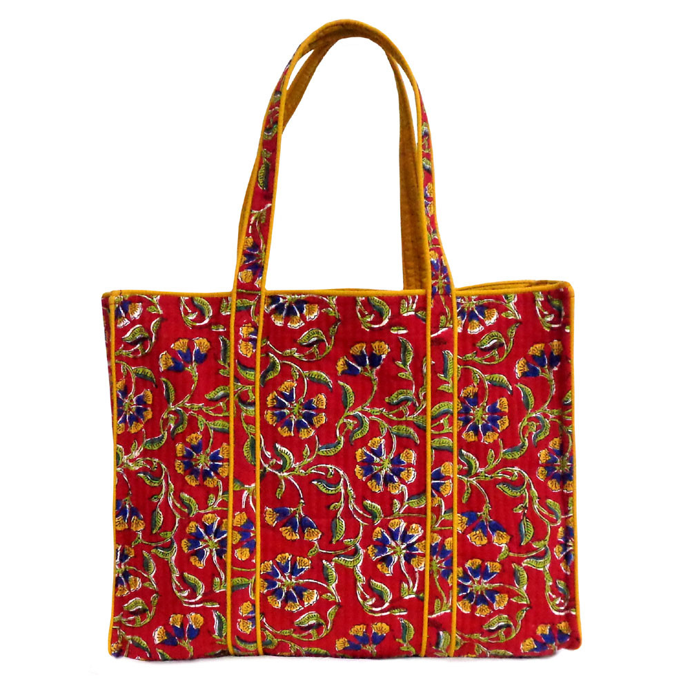 Hand Block Printed Cotton Quilted Tote Bag | Chakri Red Gud 101748