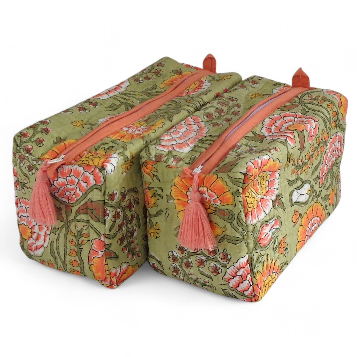 Hand Block Printed Cotton Quilted Cosmetic Bag (Set of 2) | Reshma Sea Green Open 203253