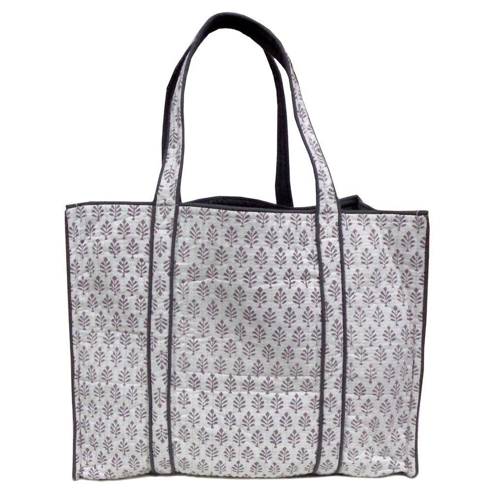 Hand Block Printed Cotton Quilted Tote Bag | Neem Grey 102640