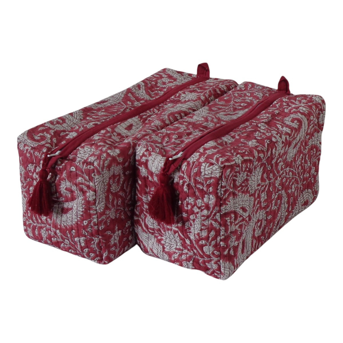 Hand Block Printed Cotton Quilted Cosmetic Bag (Set of 2) | Paisley Red Gud 309491