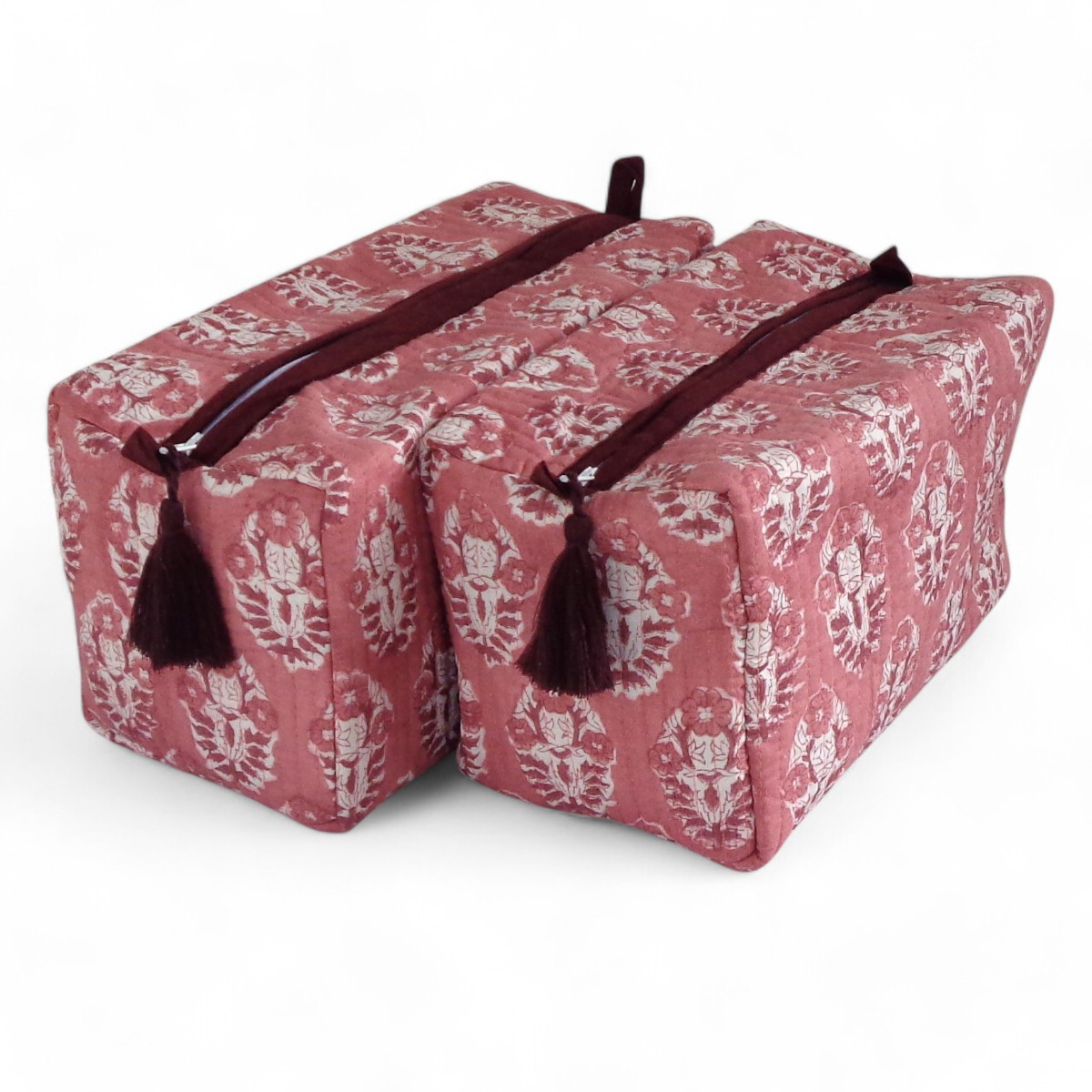 Hand Block Printed Cotton Quilted Cosmetic Bag (Set of 2) | Boota Pink Gud 202811