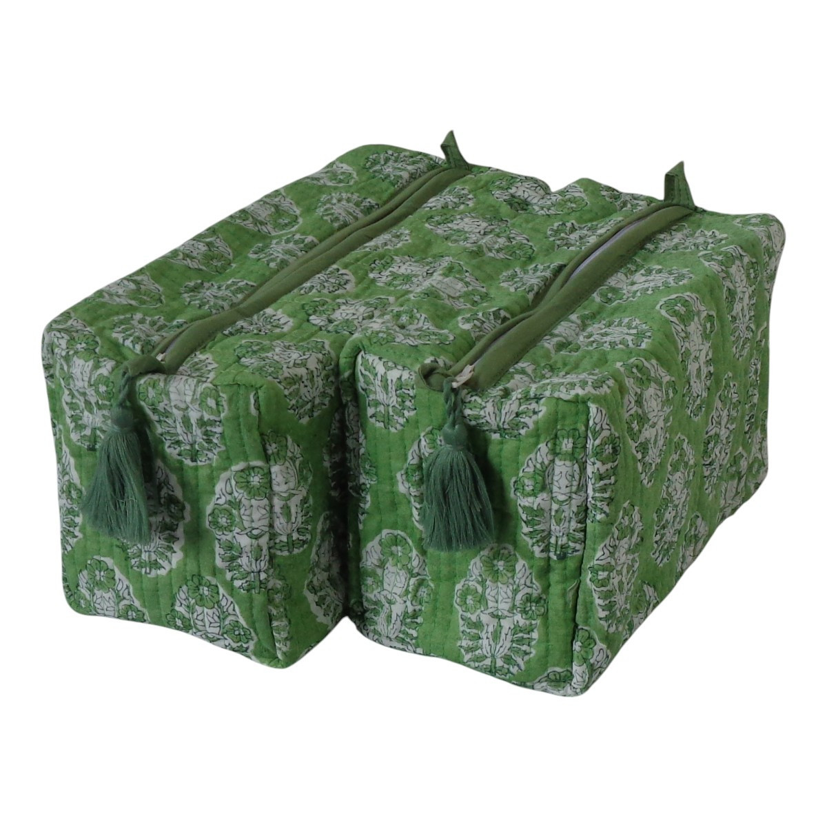 Hand Block Printed Cotton Quilted Cosmetic Bag (Set of 2) | Boota Celadon Green Gud 100673