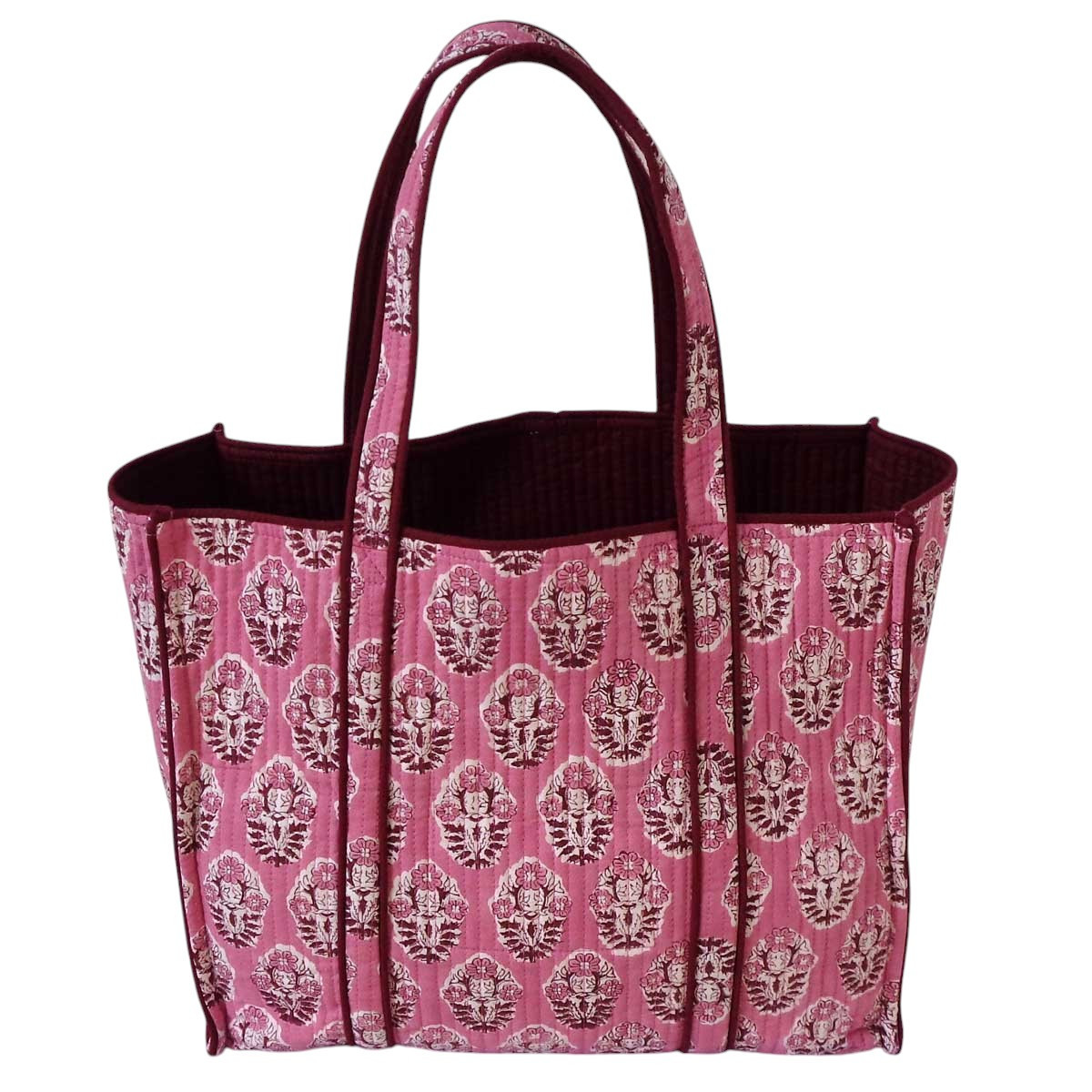 Hand Block Printed Cotton Quilted Tote Bag | Boota Pink Gud 202811