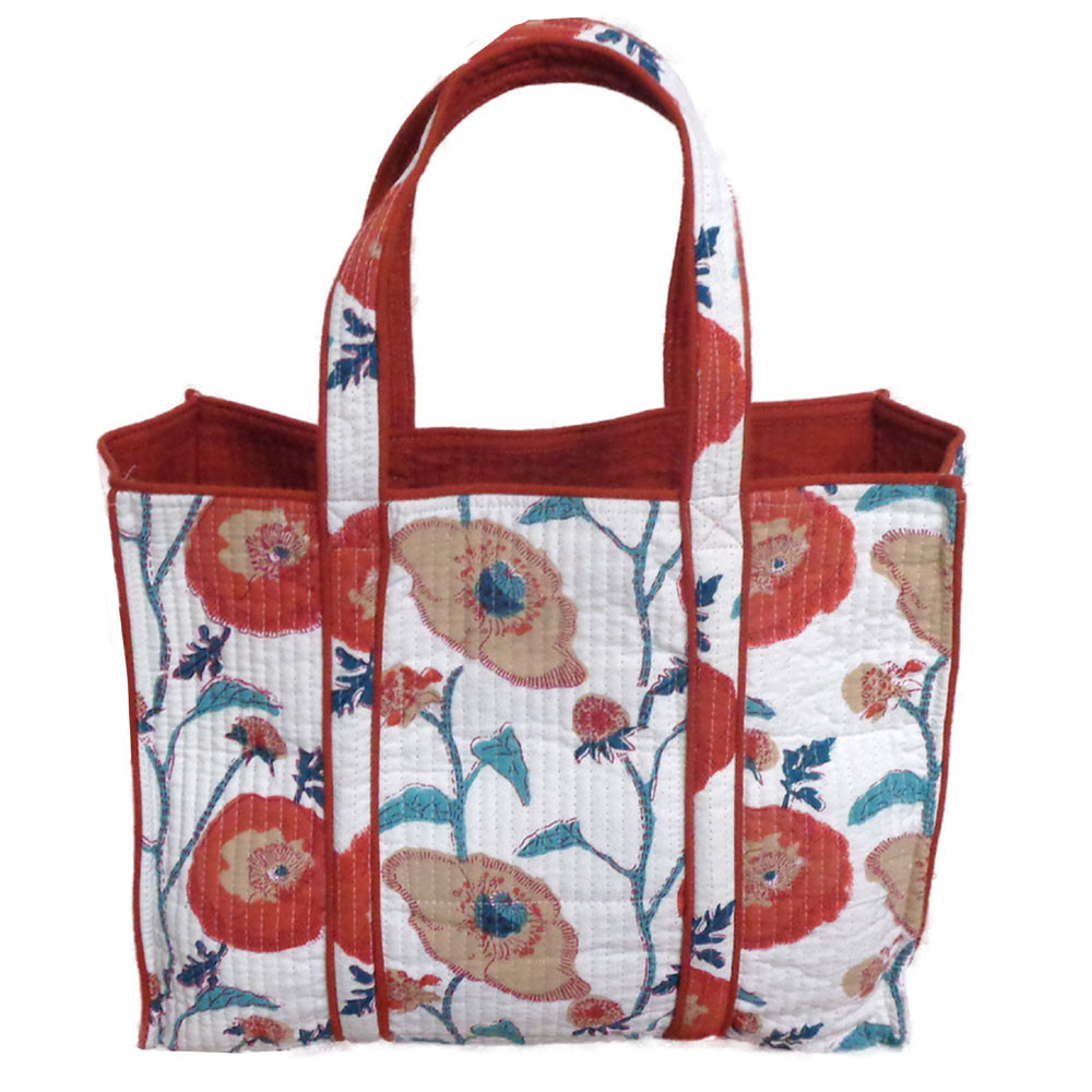 Hand Block Printed Cotton Quilted Tote Bag | Teal Flower Open 109527