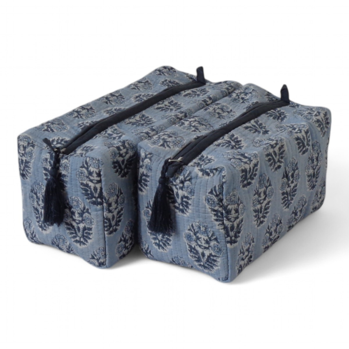 Hand Block Printed Cotton Quilted Cosmetic Bag (Set of 2) | Boota Starlight Gud 208645