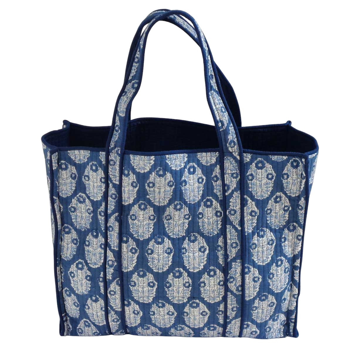 Hand Block Printed Cotton Quilted Tote Bag | Boota Aster Blue 202504