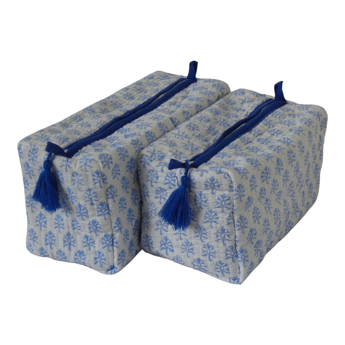 Hand Block Printed Cotton Quilted Cosmetic Bag (Set of 2) | Booti Blue 400385