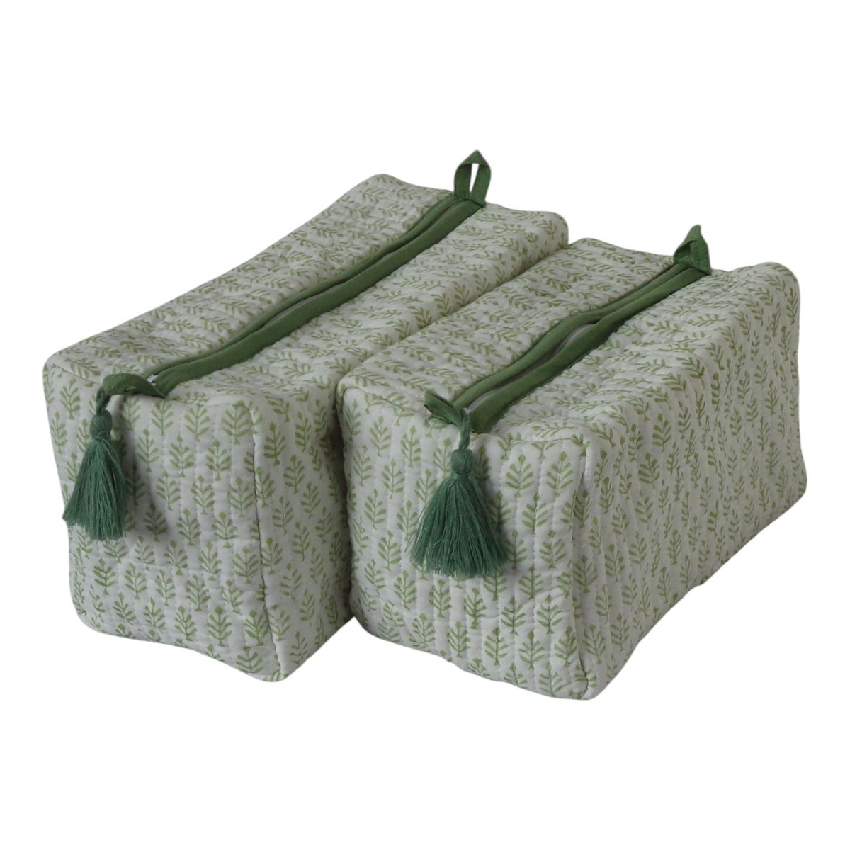 Hand Block Printed Cotton Quilted Cosmetic Bag (Set of 2) | Neem Booti Celadon Green 207895
