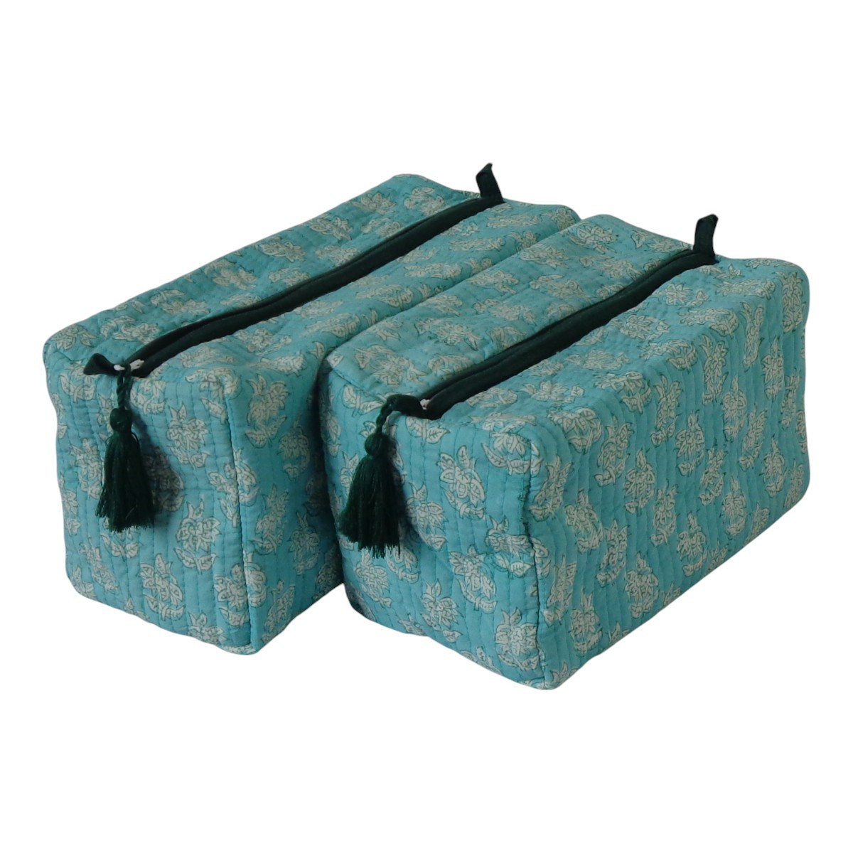Hand Block Printed Cotton Quilted Cosmetic Bag (Set of 2) | Booti Teal White 620604