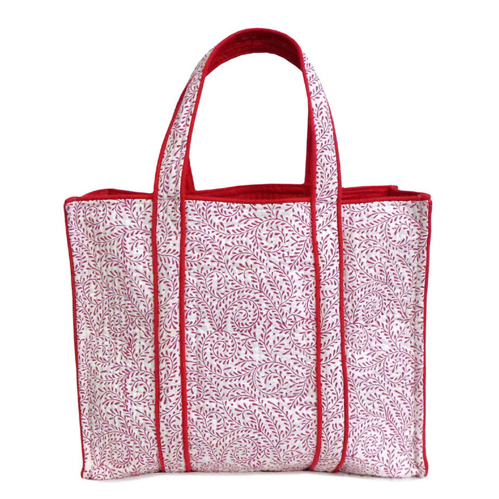 Hand Block Printed Cotton Quilted Tote Bag | Leaves Pink 201564