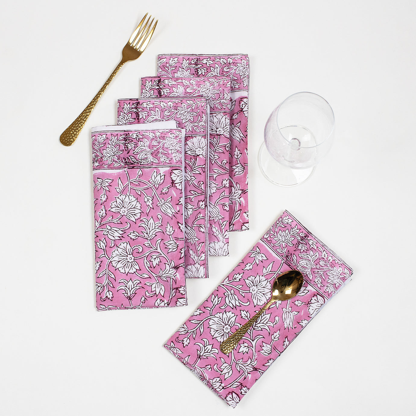 Premium Cloth Hand Block Pink Floral Reusable Cotton Napkins