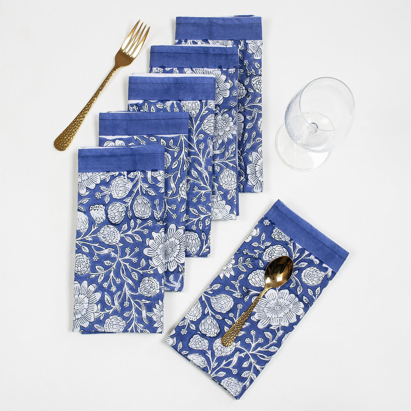 Premium Hand Block Blue Floral Print Reusable Cotton Cloth Napkins
