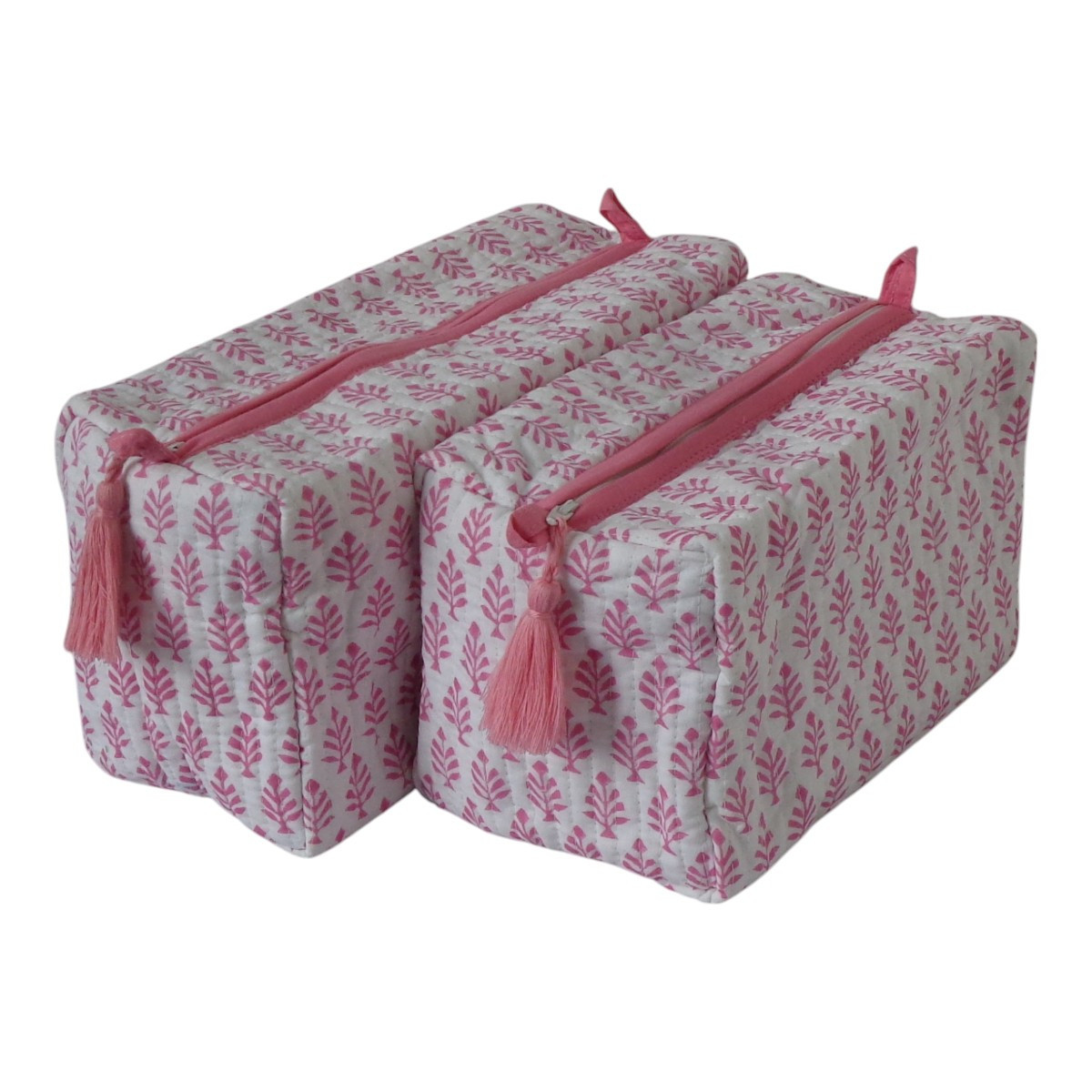 Hand Block Printed Cotton Quilted Cosmetic Bag (Set of 2) | Neem Pink 101819