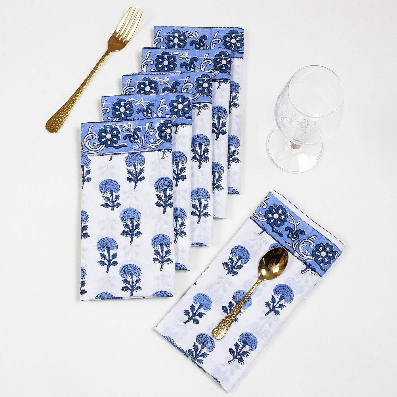 Hand Rumal Block Blue Floral Print Cotton Napkins