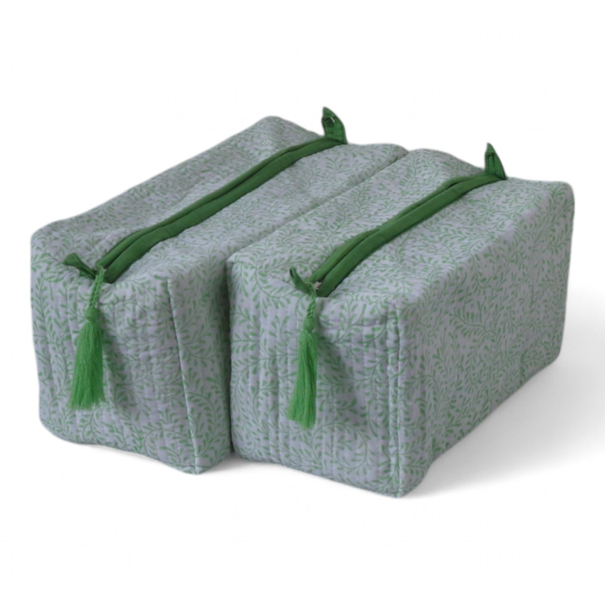 Hand Block Printed Cotton Quilted Cosmetic Bag (Set of 2) | Leaves Green 100470