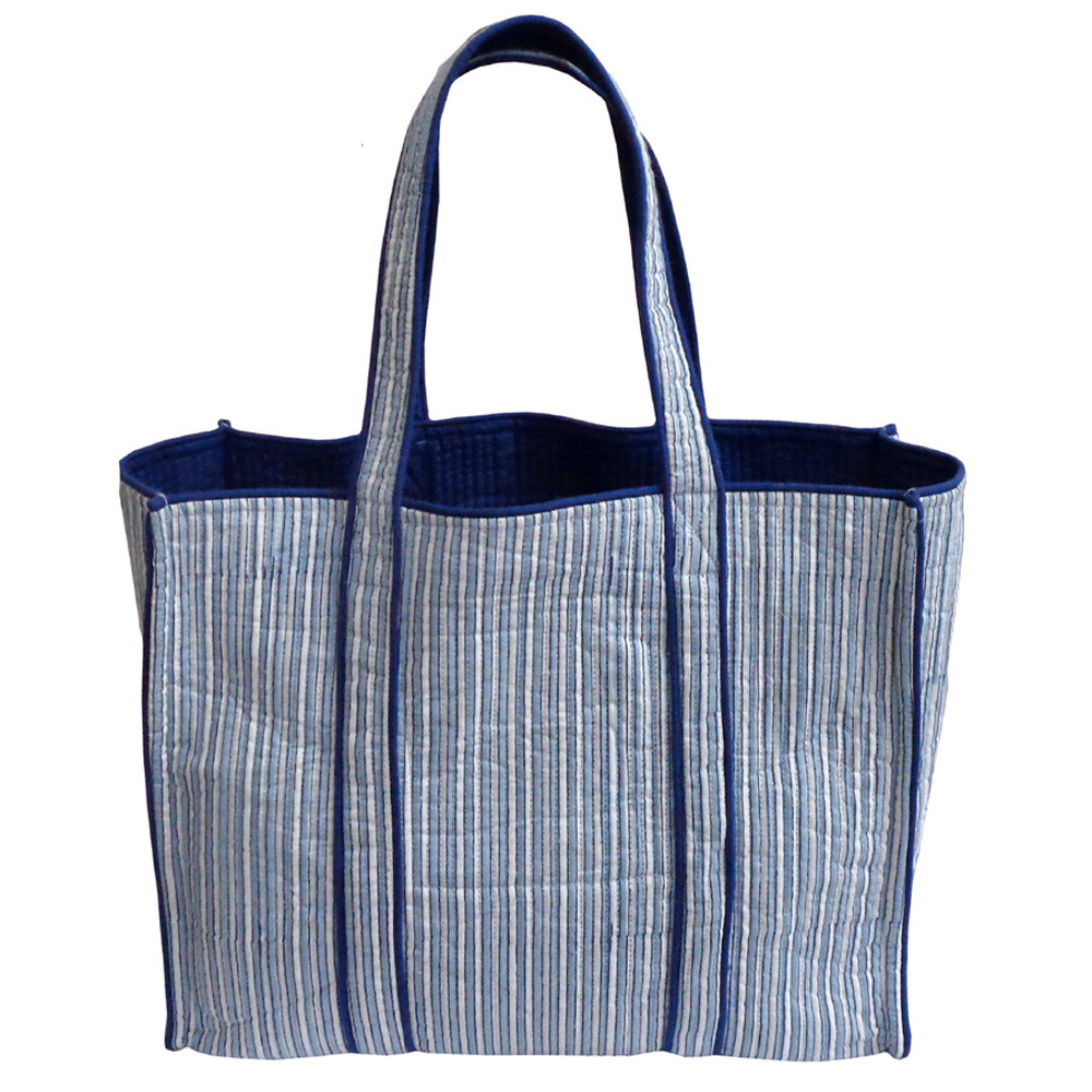 Hand Block Printed Cotton Quilted Tote Bag | Two Stripe Starlight 202212