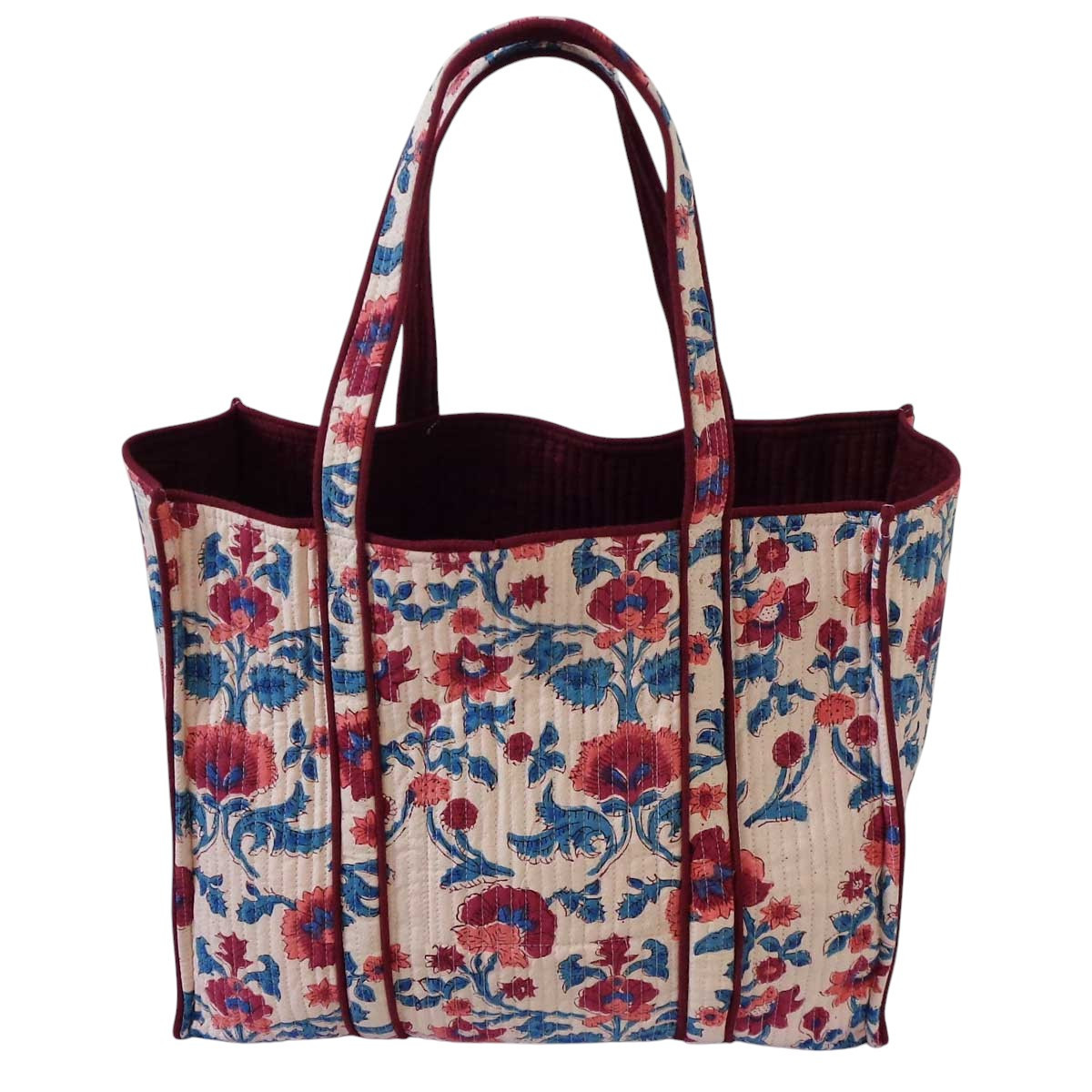 Hand Block Printed Cotton Quilted Tote Bag | Rukhsana Maroon Open 103616