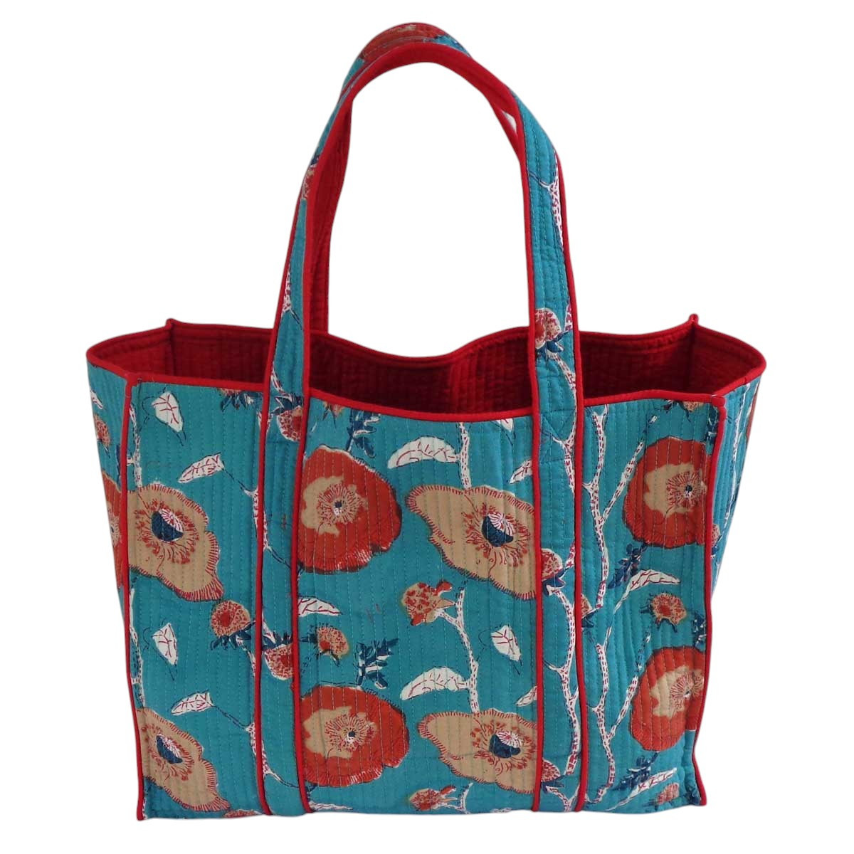 Hand Block Printed Cotton Quilted Tote Bag | Teal Flower Gud 105899