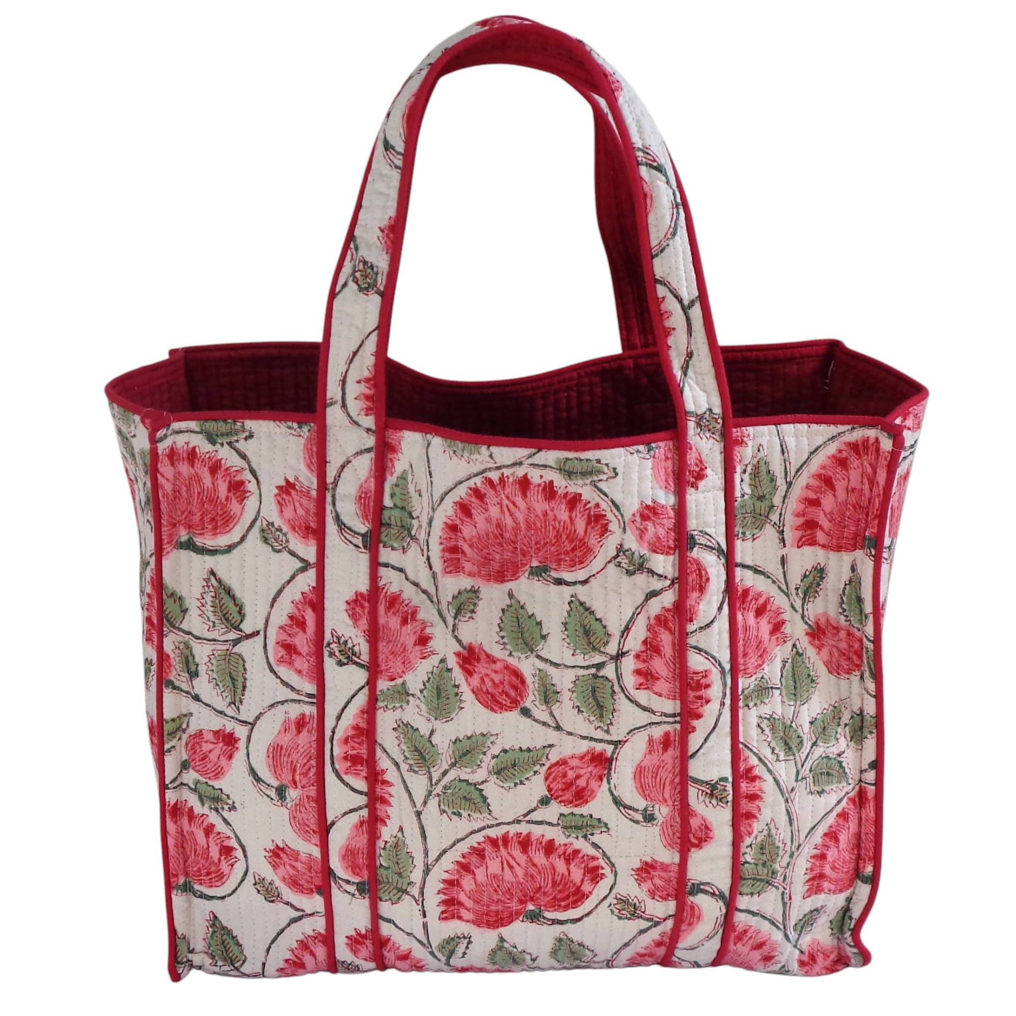 Hand Block Printed Cotton Quilted Tote Bag | Kamal Gulabi Open 103739