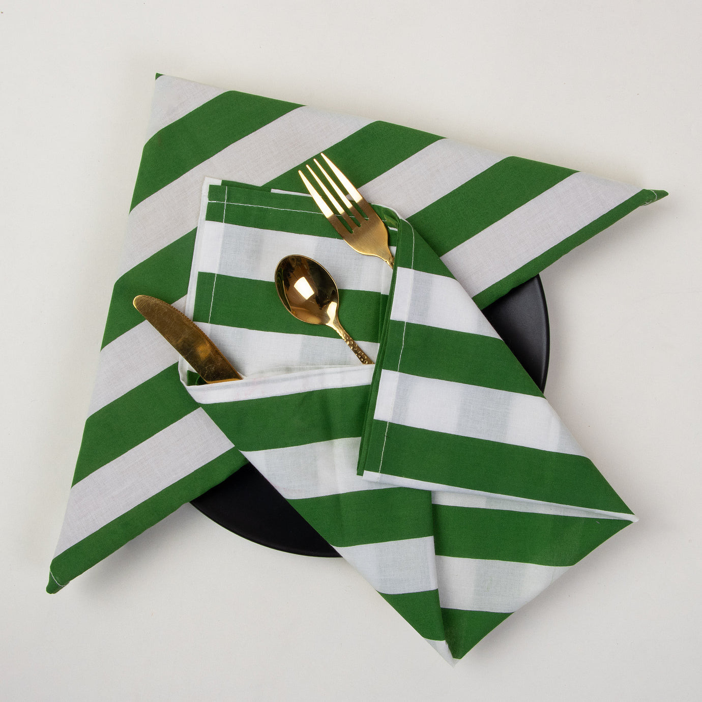 Hand Block Green Stripes Print Cotton Napkin