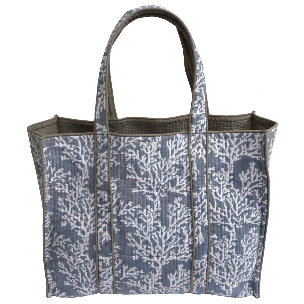 Hand Block Printed Cotton Quilted Tote Bag | Coral Ashley Grey 701931